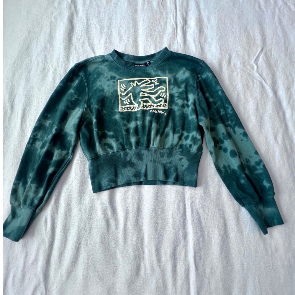 Keith Haring Green Tie Dye Graphic Sweatshirt Cropped Crewneck Large - Picture 4 of 8